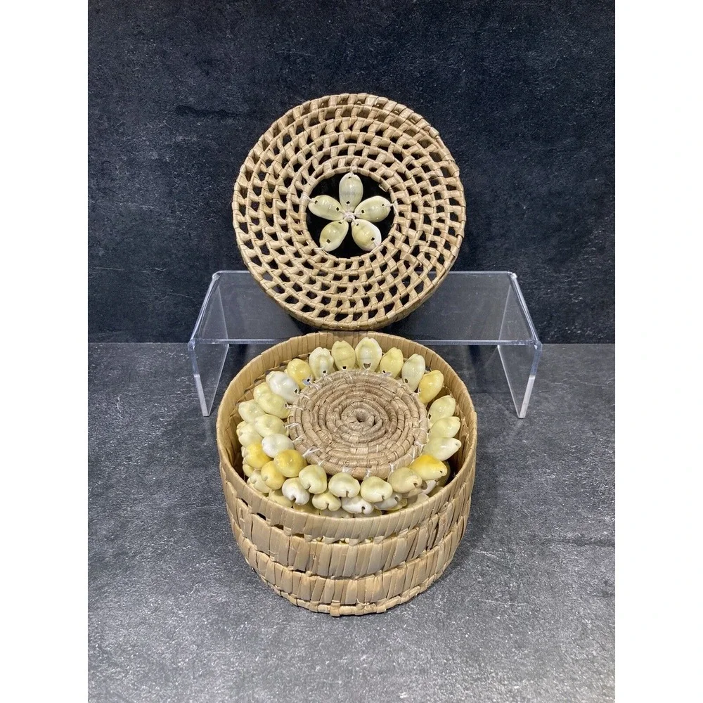Coasters Seashells Woven Grass Basket W/lid Boho Coastal Beach Tiki Bar Set of 6